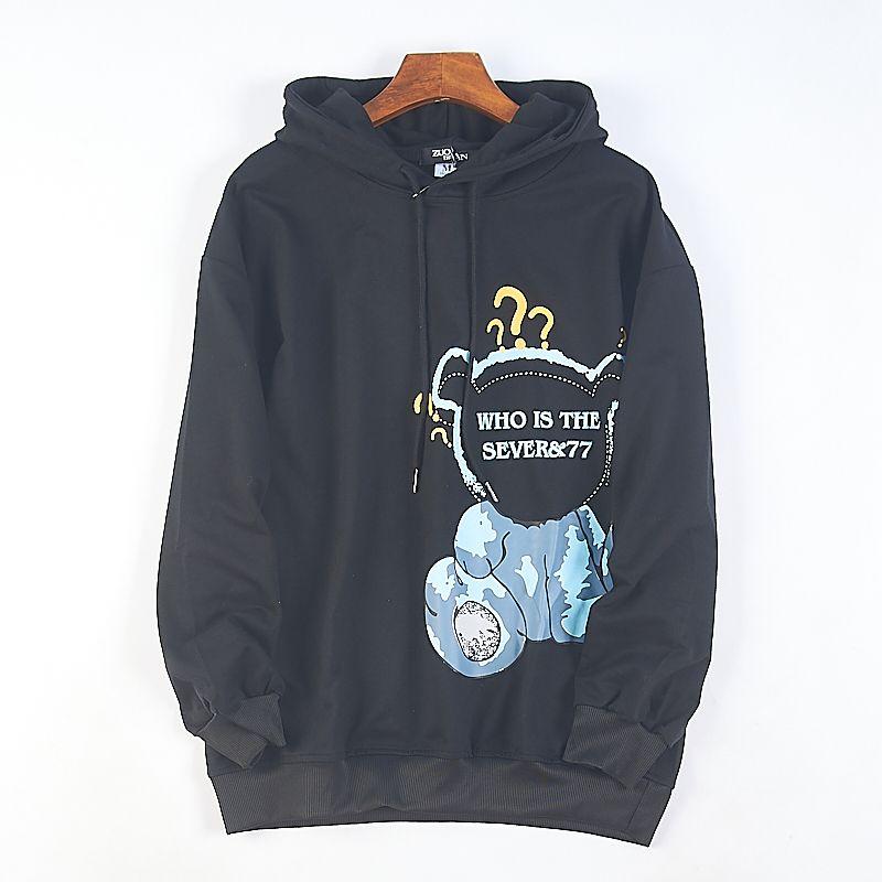 

511 Korean Style Raglan Sleeve Pullover Hooded T-shirt Hoodie Women 76522 Spring and Autumn Cartoon Print American Style Loose Outerwear 3 Black. 2XL