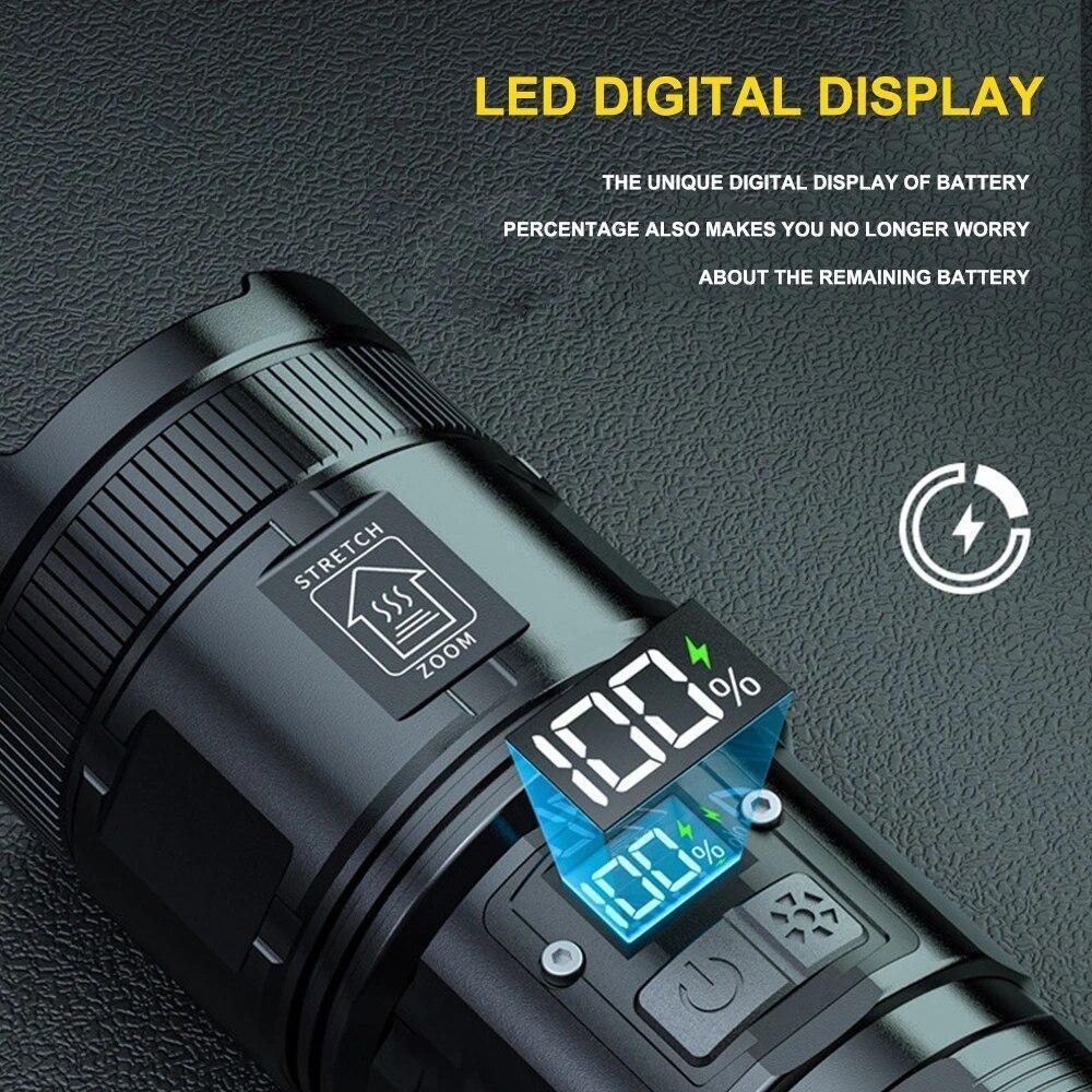 Superhelle LED-Taschenlampe, wiederaufladbar, Typ C, 9000 mAh, XPH90 COB-Taschenlampe mit Digitalanzeige für den Außenbereich