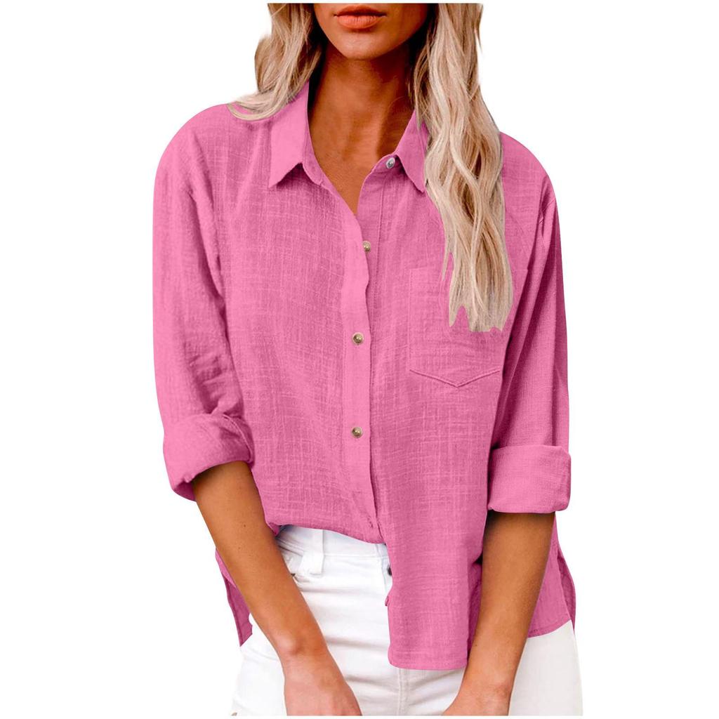 Autumn 2025 Women's Loose Fit Button-Up Cotton Linen Long Sleeve Top with Plain Color and Lapel