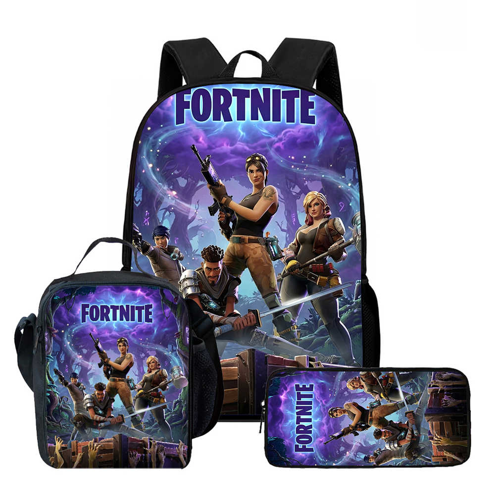 3Pcs Set Kids School Backpack With Lunch Bag & Pencil Bag,Cartoon Fortnite School Bags For Age 5-10,Lightweight For Boys Girls