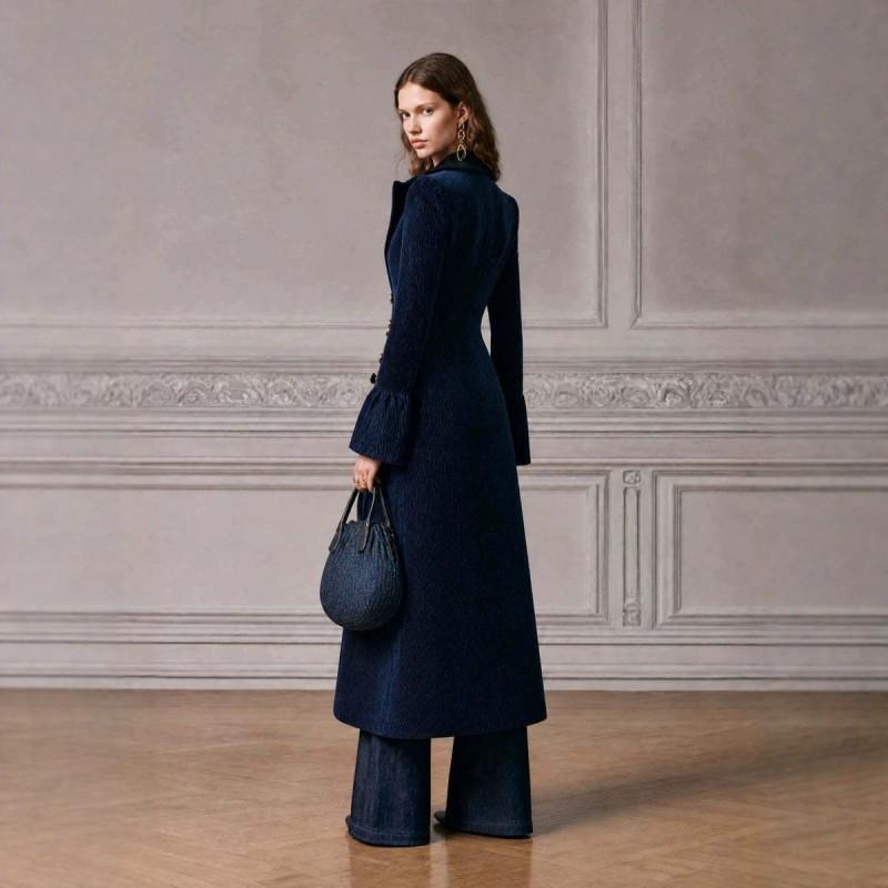 TK Womens Vintage Navy Corduroy Double Breasted Long Coat Fall 2026