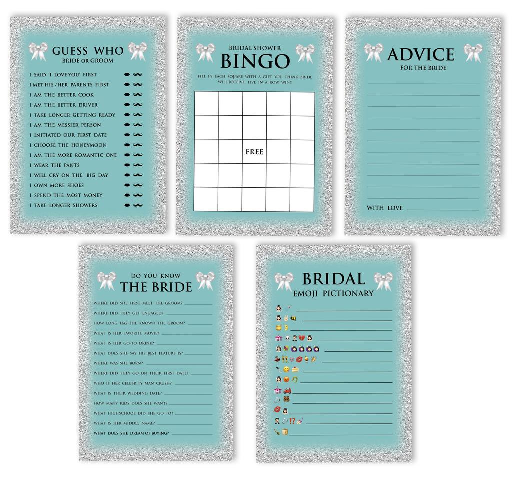 Inkdotpot Bridal Shower Games Set of 5 (Activities for 50 Guests) Glitter Theme Fun Bachelorette Party Games Set Bundle