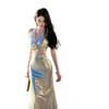 Sequins sexy neck sleeveless dress women's waist and thin high-end evening dress long dress summer