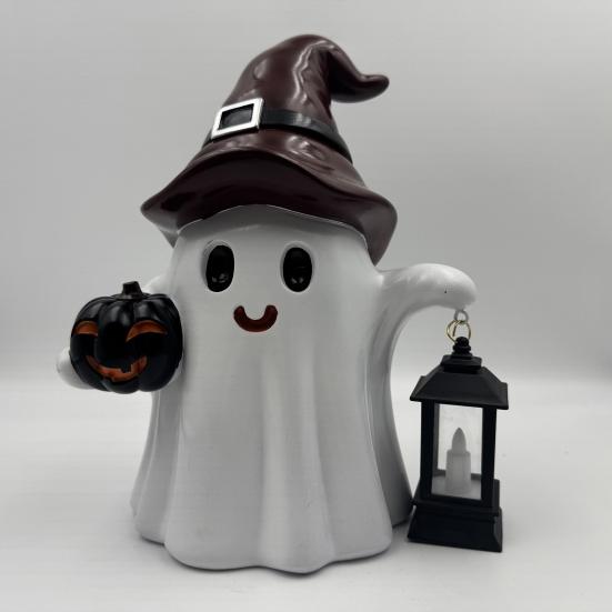 Ghost Statue Solar/Battery-Powered Weather Resistant Resin Whimsical Ghost Pumpkin Design Ornament Halloween Decor