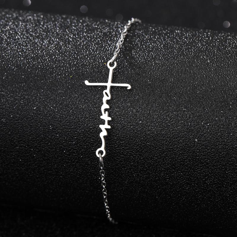 Silver Stainless Steel Cross Bracelet Light Luxury Design Sense English Letter Style Fashion Jewelry