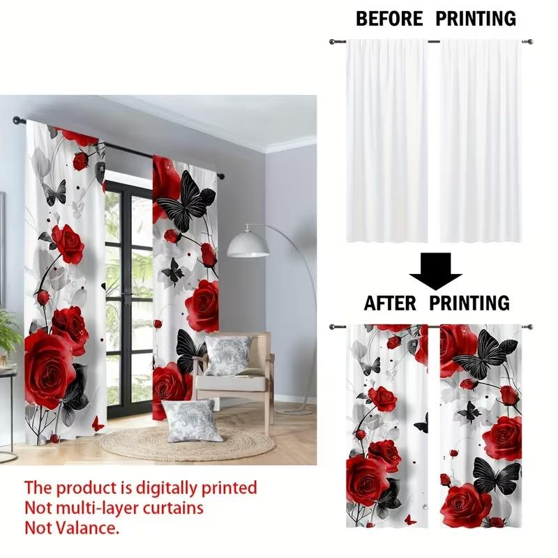 2Pcs Roses and Butterflies Print Curtains,suitable for Bedroom,living Room Kitchen Decoration,home Decoration,window Decoration