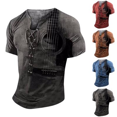 (Qunide) Men's Music Leisure Comfortable Short Sleeve Top Collarless Short Sleeve Printed T-shirt