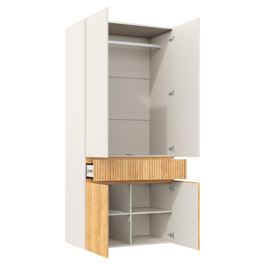 Hinged door wardrobe, 90 x 50 x 200 cm, with 1 clothes rail, 1 drawer and 4 doors, for bedroom, hallway, children's room or office, light oak