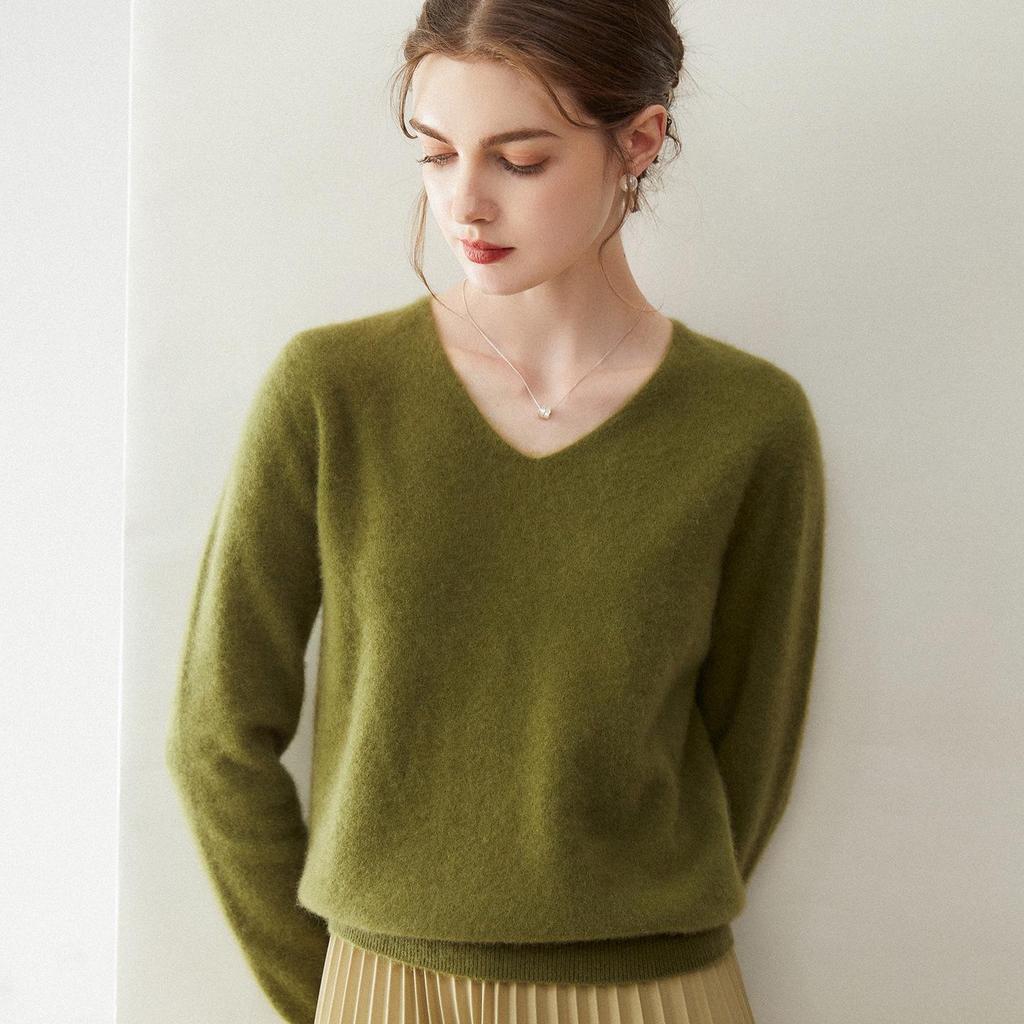 Women's Pure Cashmere V-Neck Pullover Sweater - Knitted, Simple, Versatile Layer