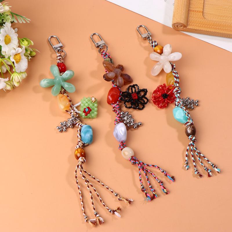 Ethnic Style Artistic Beaded Charm Keychain Vintage Flower Phone Lanyard Bag Pendant Key Hanging Decoration Gifts