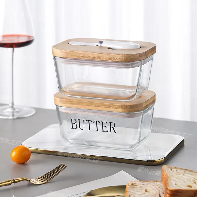 Butter Container Glass Box Restaurant Sealed Storage Box Fresh Cheese Box with Knife Butter Slicer Butter Dish Tableware Butter