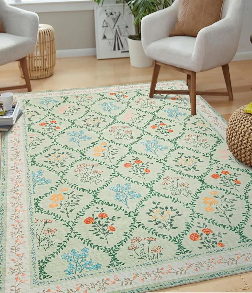 Floral Living Room Carpet Large Area Pastoral Style Print Bedroom Plush Rug Home Decoration Machine Washable Non-slip Floor Mats