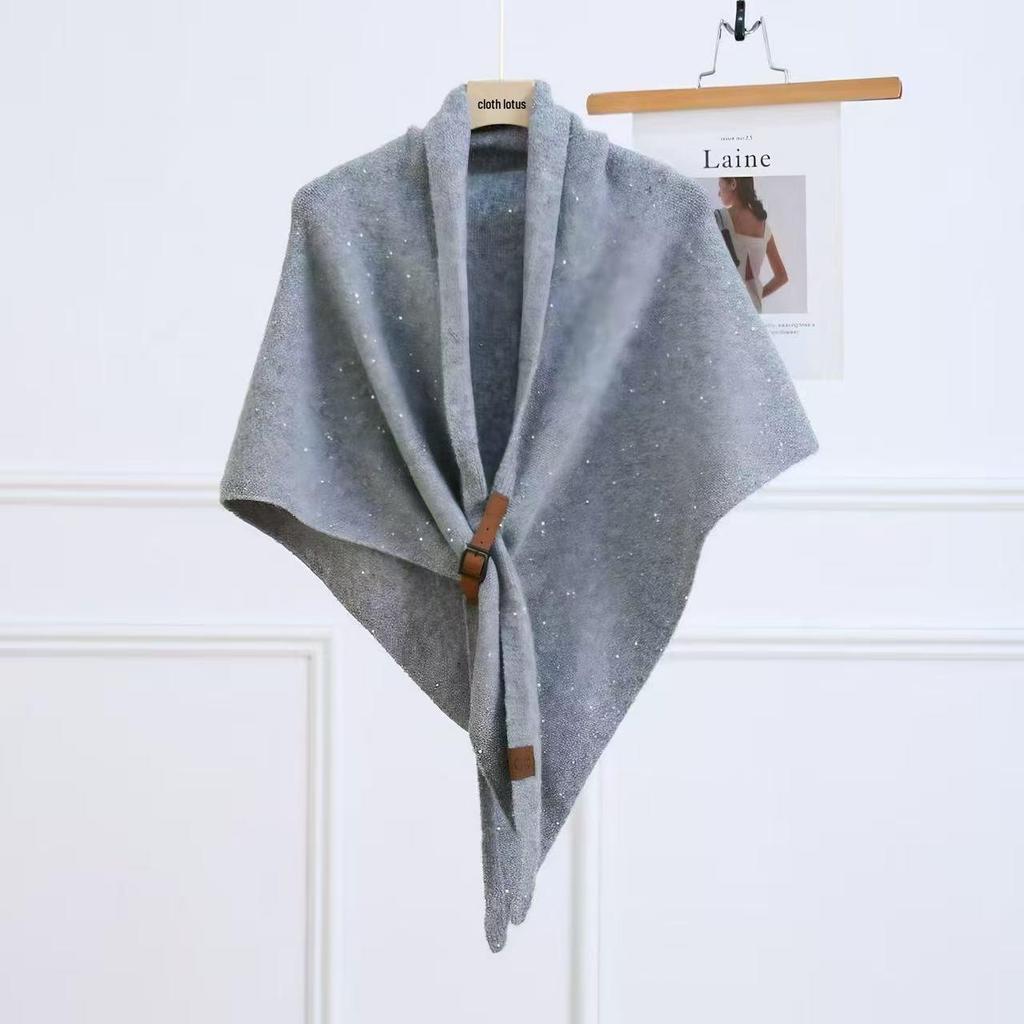 Korean Style Versatile Wool Blend Sequin Knit Shawl - Shiny Triangle Scarf for Women