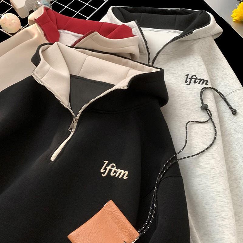 Half-zip Embroidered Hoodie Couple Matching Winter Casual Loose Sweatshirt Women