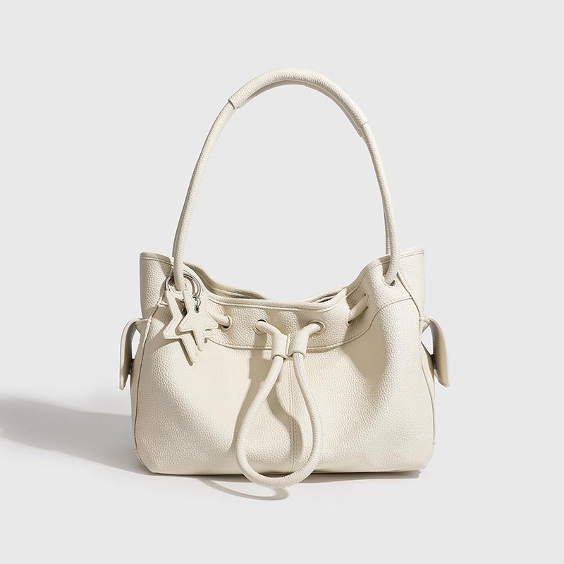 Women's Retro Drawstring Shoulder Bag Korean Style New Fashion Tote Bag Lychee-pattern Brand Handbag Large Simple Soft Cloud Bag