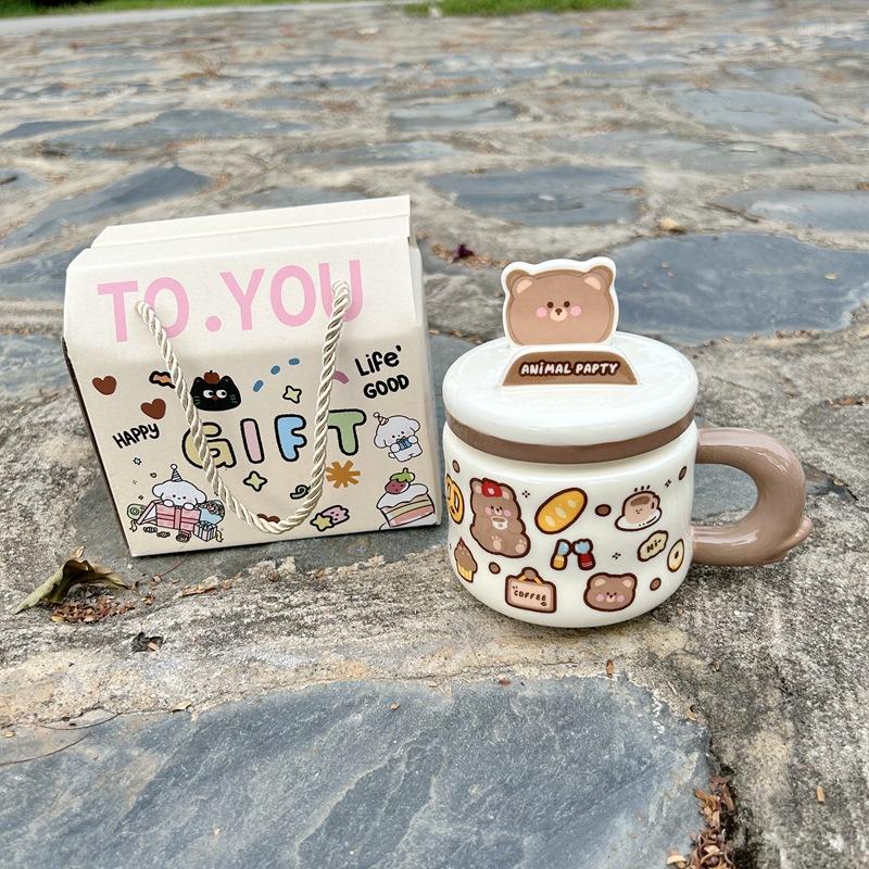 

Подставка для мобильного телефона Кружка с крышкой Мультяшное животное Чашка для воды Подарочная коробка Милая Высокая ценность Бытовая Питьевая Керамическая чашка 400ml
