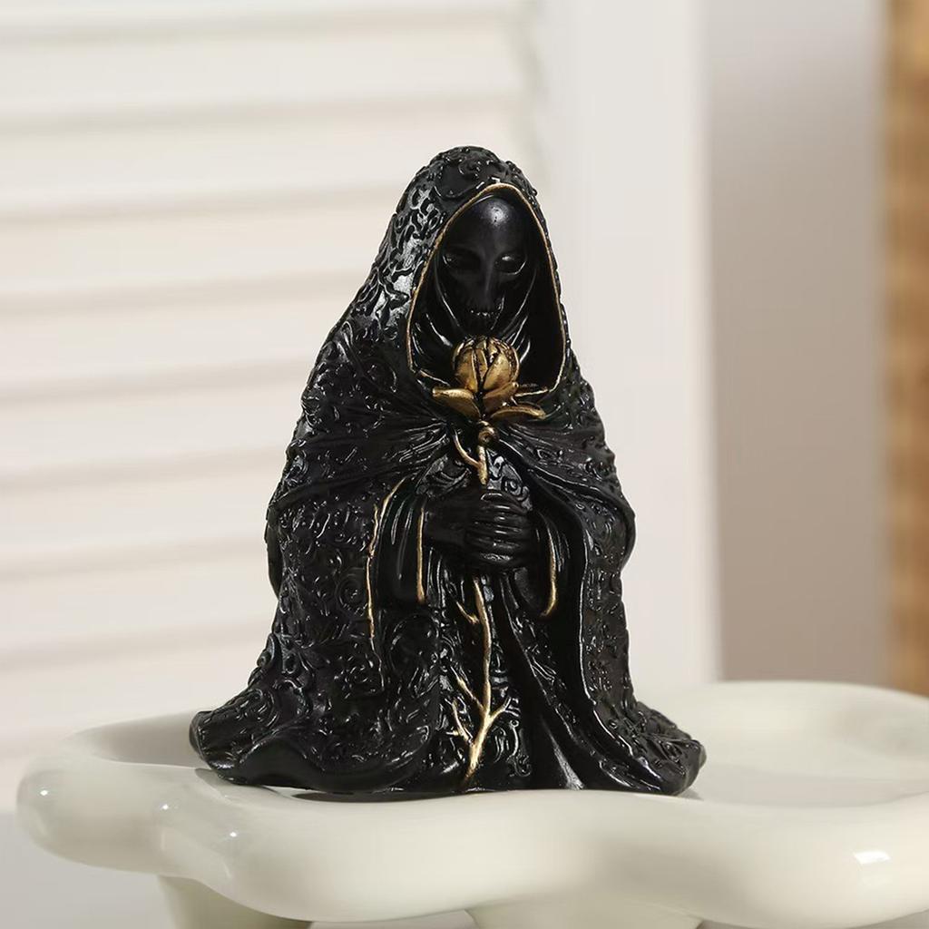 Black Resin Grim Figurine Holding Golden Flower - Gothic Home Decoration
