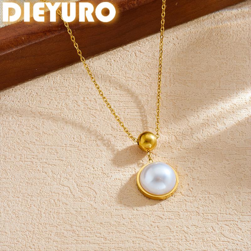 DIEYURO 316L Stainless Steel Golden Ball Pearl Pendant Classic Necklace For Women Fashion Trend Non-fading Neck Chain Jewelry