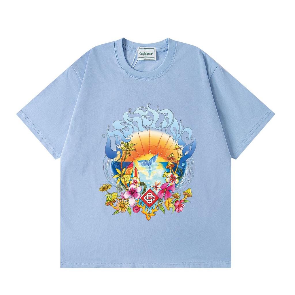 Grenzüberschreitend auf Lager exklusiv Casablanca Doppelgaze reine Baumwolle Unisex T-Shirt Hip-Hop lässig Kurzarm locker Rundhals