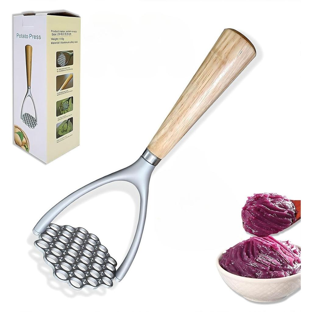 Heavy Duty Potato Masher, Hand Potato Masher Aluminum Alloy Kitchen Tool/Food Masher with Non-slip Wood Handle