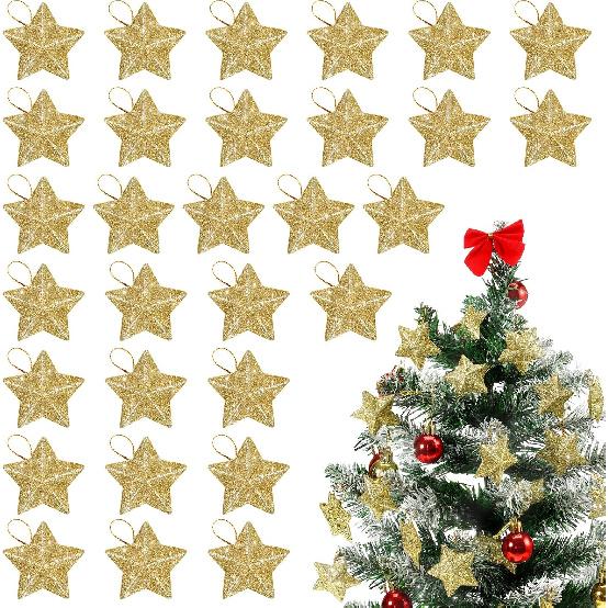 30 Pcs Gold Glitter Star Ornaments Christmas Tree Pendant Mini Hanging Stars Mini Gold Glitter Star Pendant Xmas Star Pendant Tree Ornament Glitter