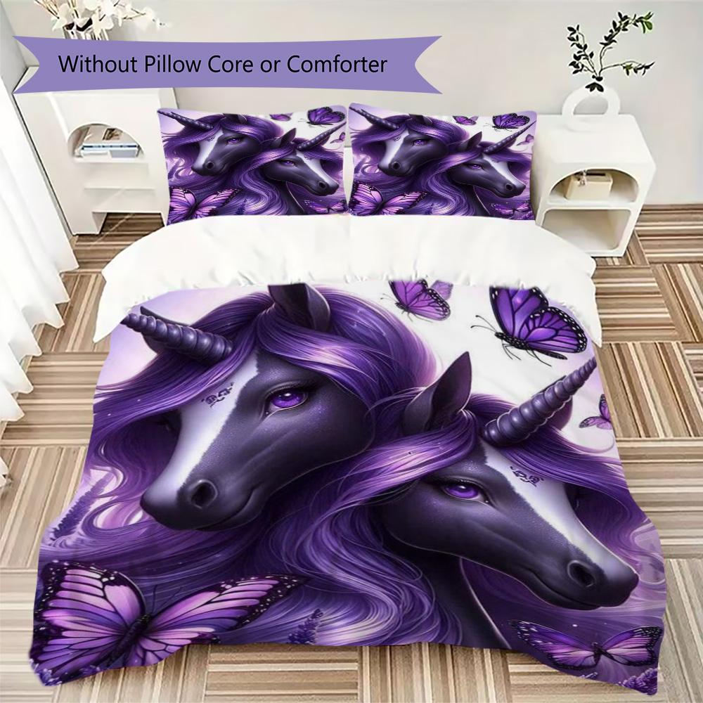 Purple Moonlight Unicorn Print Bedding Set, Kids Fantasy Bed Linen Duvet Cover Set(1 * duvet cover + 2 * pillowcase, without core)