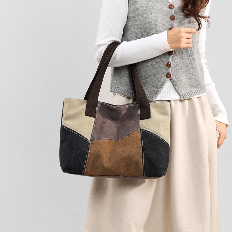 Damen Patchwork Handtasche - Vintage Gespleißte Canvas Tote mit Obergriff & Crossbody-Funktion