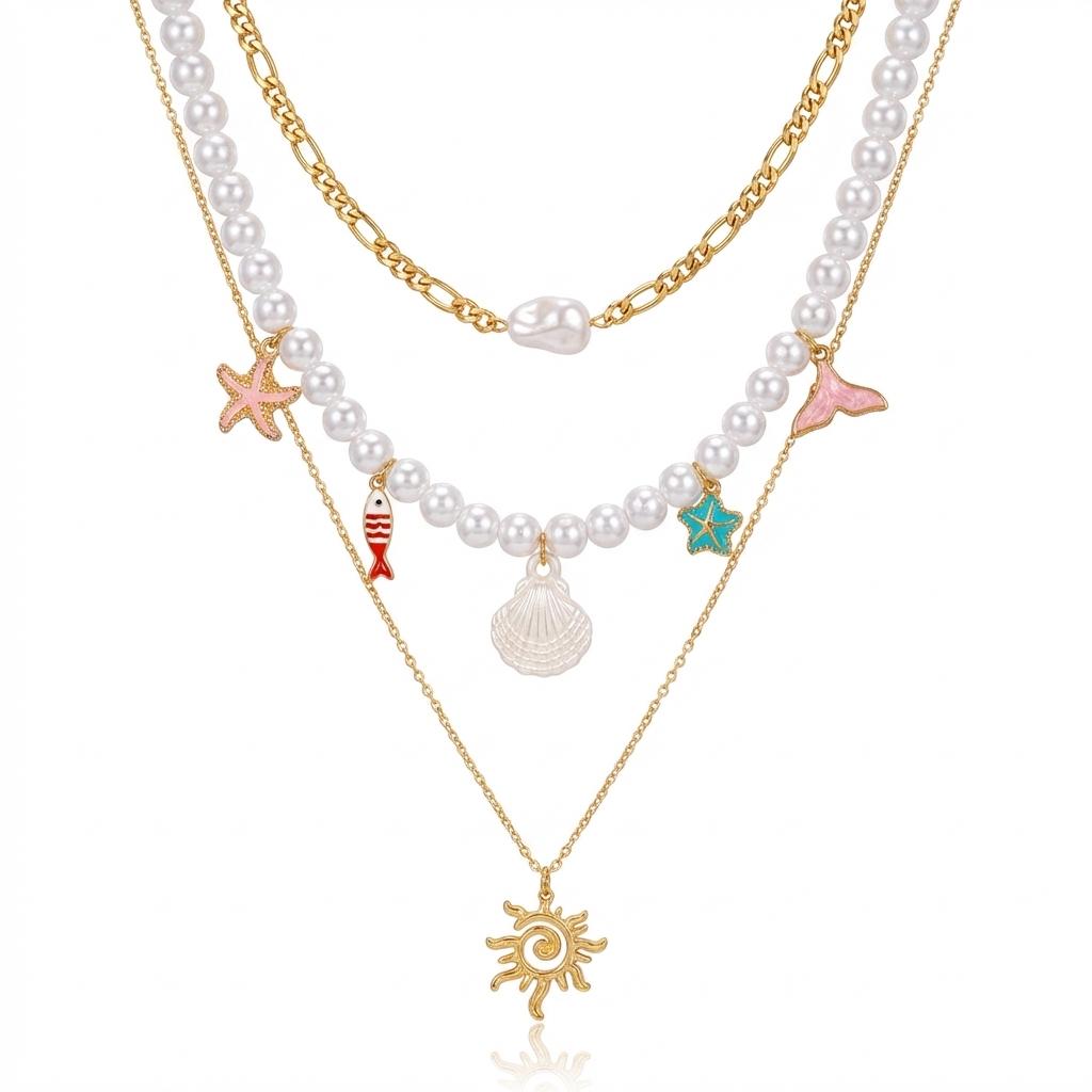 3Pcs/Set Bohemian Starfish Sun Fishtail Pearl Necklace For Women Summer Beach Layered Jewelry Gift