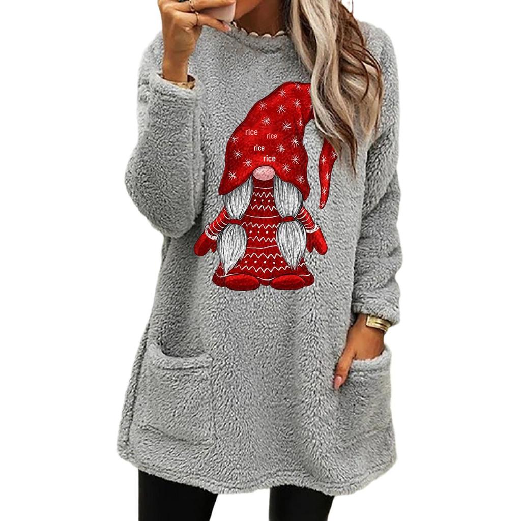 Women's Christmas Santa Print Round Neck Loose Long Sleeve Pocket Plush Hoodie