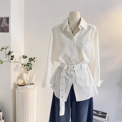 Women's White Oversized Button Down Shirt with Belt Long Sleeve Pocket Loose Blouse