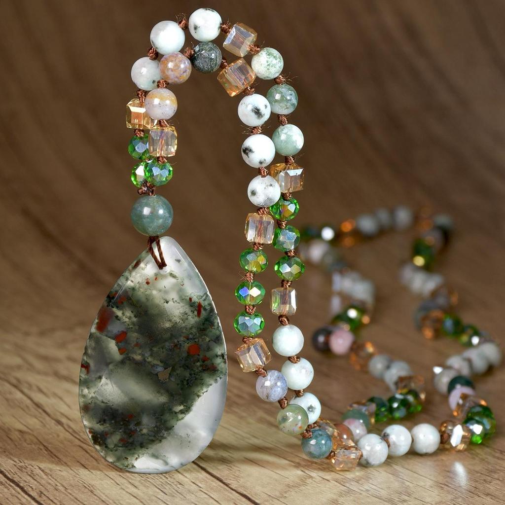 Women's Pink Crystal & Colorful Agate Water Drop Necklace: Handmade Knotted Sweater Chain with European and American Style