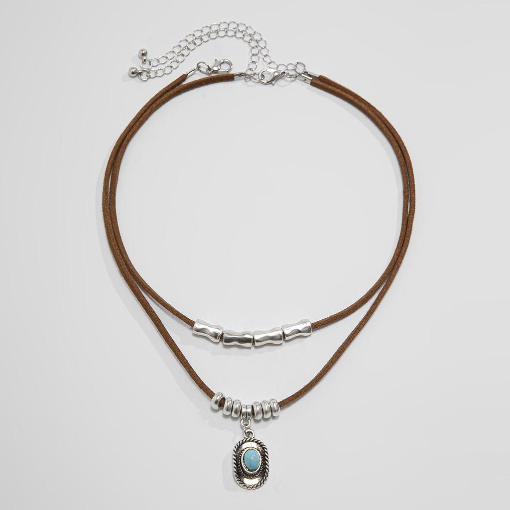 Bohemian Multi-layer Necklace with Turquoise Pendant and Denim Hat on Suede Chain for Women