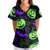 Women's Halloween Printed V-Neck Short Sleeve Scrub Top with Pockets Loose Fit