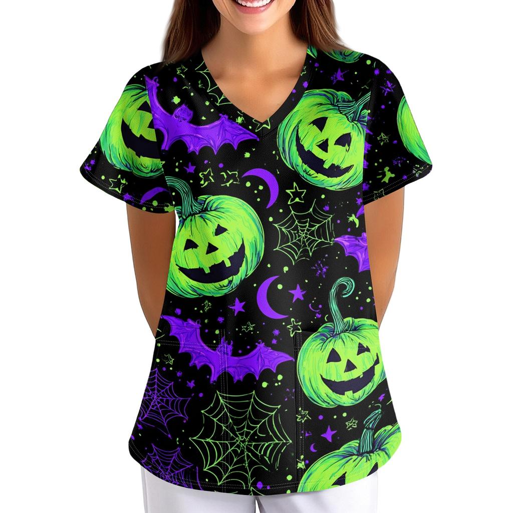 Women's Halloween Printed V-Neck Short Sleeve Scrub Top with Pockets Loose Fit