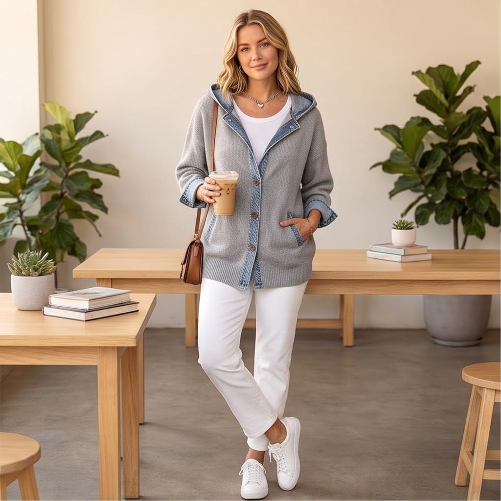 Women's Loose Fit Hooded Denim Cardigan Jacket with Trendy Patchwork for Casual Wear