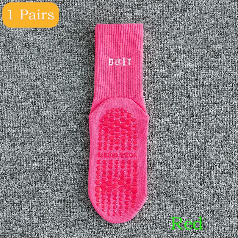 2 Pairs Sports Socks Cotton Mid-calf Yoga Socks Solid Striped Breathable Anti-slip Indoor Fitness Socks Gym Dance Pilates Socks