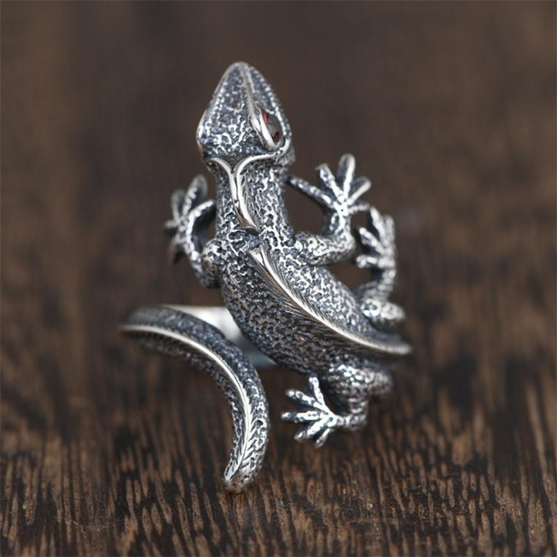 Trendy S925 Silver Ring Male Jewelry Retro Lizard Gecko Pattern Ring For Men Personality Adjustable Index Finger Accessories
