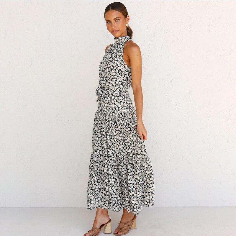 Sexy Neck-mounted Dot Beach Dress For Holiday Summer Casual Sleeveless Floral Printed Long Dress Women Fashion Robe Femme 25765