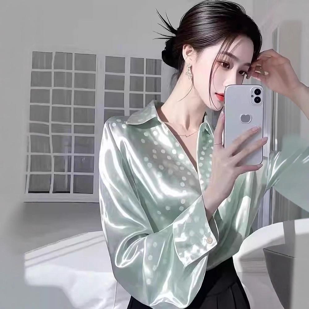 2025 French Light Luxury Satin Long Sleeve Blouse - Plus Size, Loose Fit for Early Spring