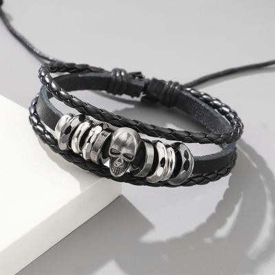 Vintage Punk Skull Leather Bracelet Metal Woven Rope Cowhide Wristband Trendy Men Accessories