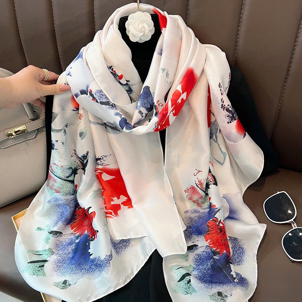 Ink and Wash Danqing High-grade Silk Scarf, Sunscreen Extended Printing Imitation Silk Scarf, Women's Long Silk Scarf, Beach Scarf