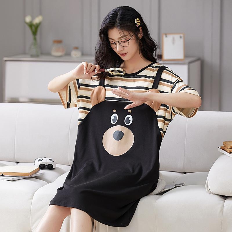 

Couple s Summer Cotton Pajama Set: Women s Cartoon Stripe Nightgown & Men s Short Sleeve Shorts, Suitable for Outdoor Wear XXL