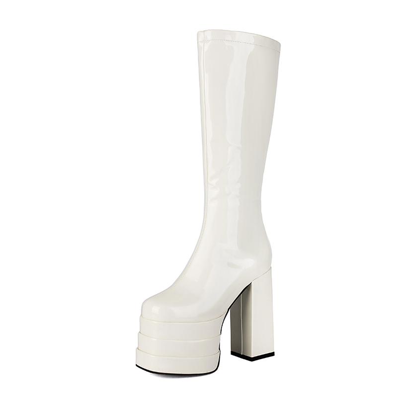 

Ботильоны выше колена из лакированной кожи глянцевой фактуры большого размера на двойной платформе и ультратолстом каблуке, с боковой молнией, увеличивающие рост 37 белый