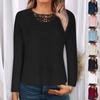 Solid Crew Neck Cut Out T-Shirt Elegant Ribbed Long Sleeve Contrast Lace T-Shirt for Fall & Winter Women's Clothing