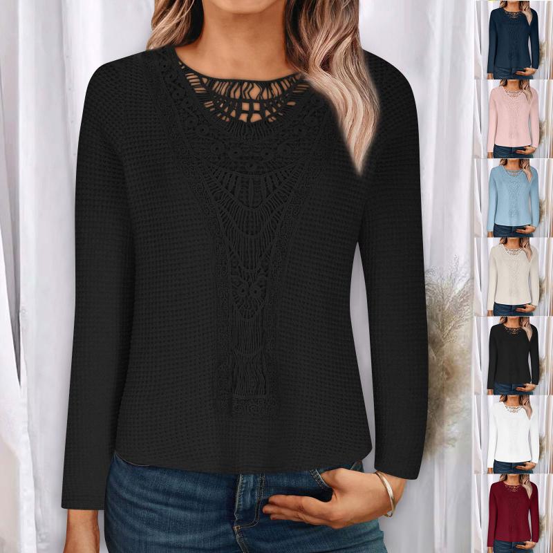 Solid Crew Neck Cut Out T-Shirt Elegant Ribbed Long Sleeve Contrast Lace T-Shirt for Fall & Winter Women's Clothing