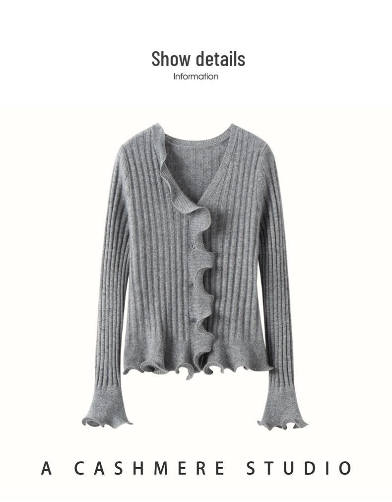 Elegant 3D Wave Edge Cashmere Ruffle Cardigan - Women's Autumn/Winter Flared Sleeve Knitwear