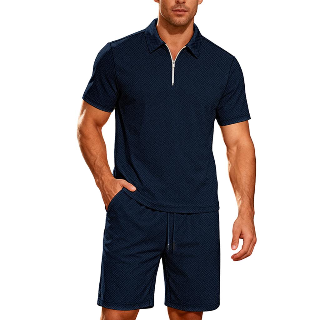 Men'S Color Casual Short Sleeved Pants Two-Piece Fashionable Set