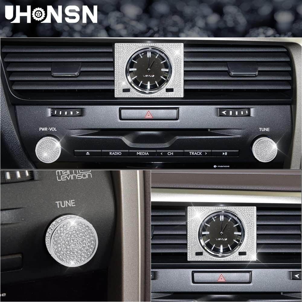 UHONSN 3Pcs Car Interior Accessories for Lexus RX Bling Volume Knob Cap Clock Frame Cover Sticker Decoration Parts Decals Women Men Silver Crystal