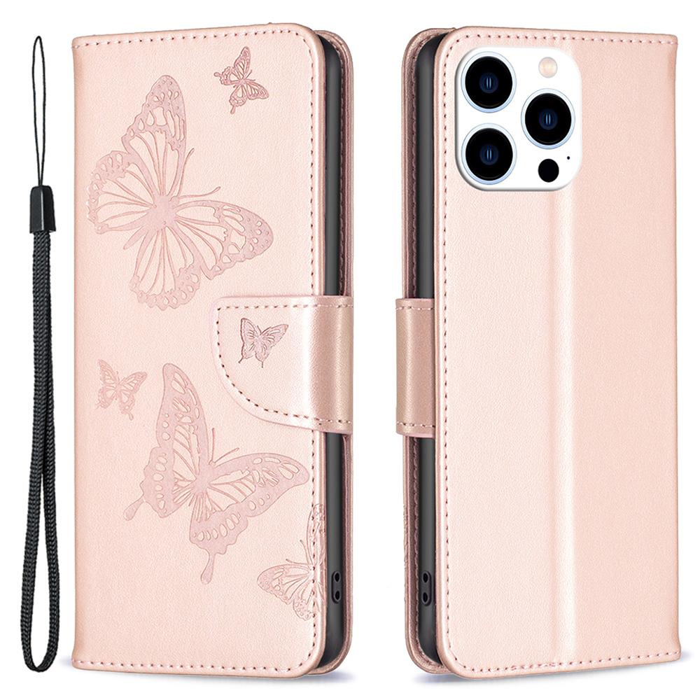 

For iPhone 15 Pro Shockproof Phone Flip Case Butterfly Imprinted Leather Stand Wallet Cover with Strap Rose Gold