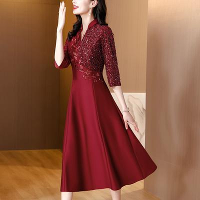 Rot Festliche Taille-schließen V-ausschnitt Mid-länge Rock Herbst Neue Stil Junge Mutter Kleid Frauen